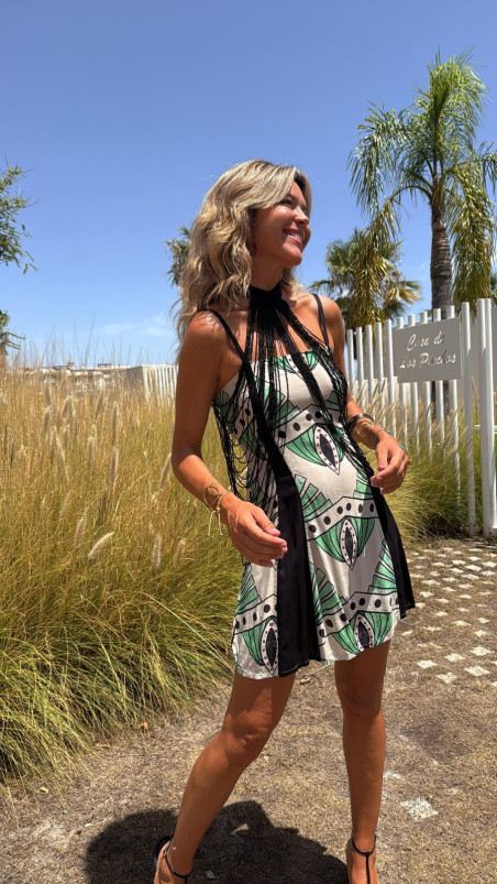 ROKO beige/verde, vestido corto