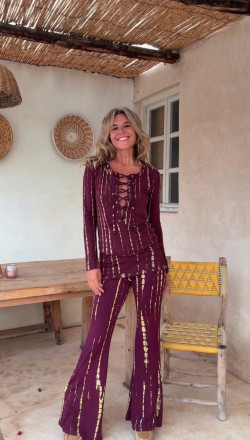 NAIRA  vestido corto,  burdeos/limon tie dye,