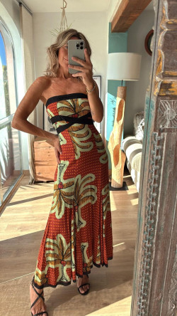 AZORES palmeras burdeos/verde, vestido largo